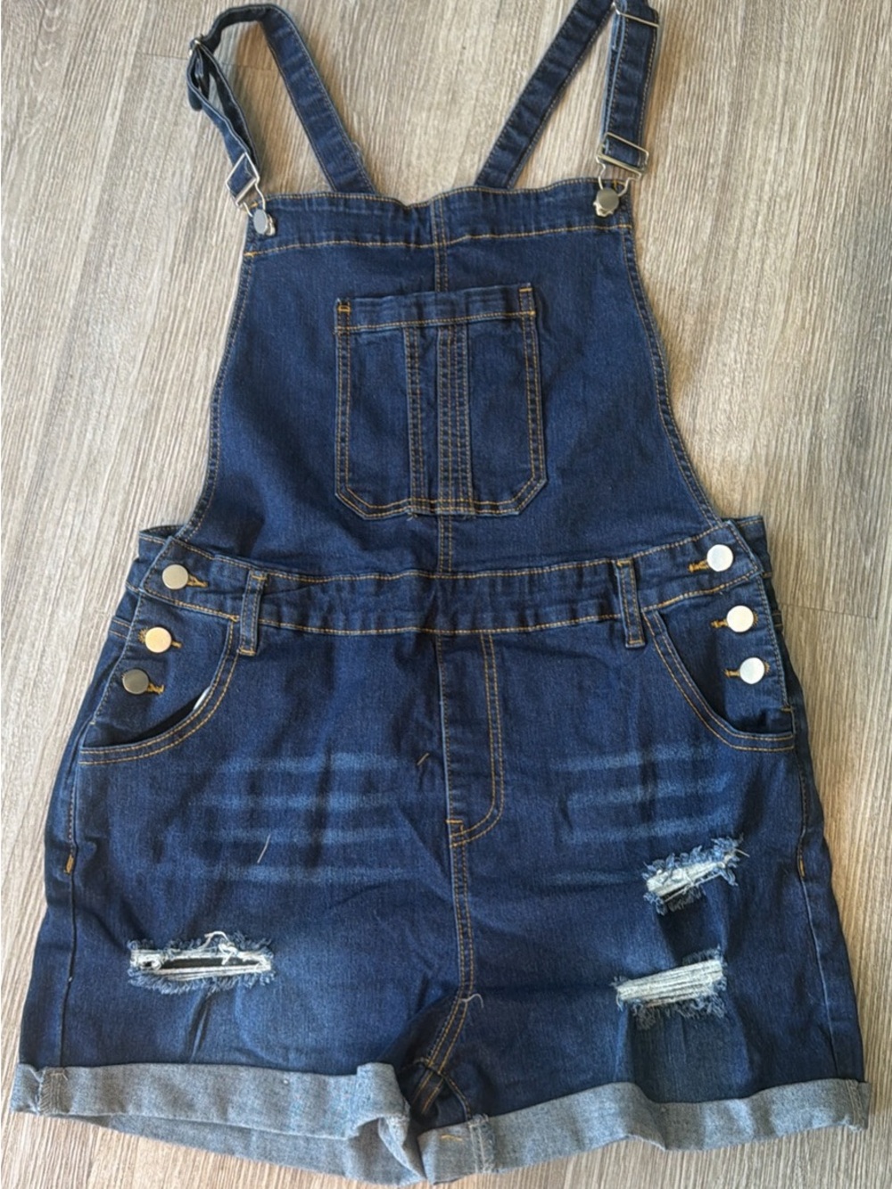 Denim Overall Shorts - Dark Blue Distressed